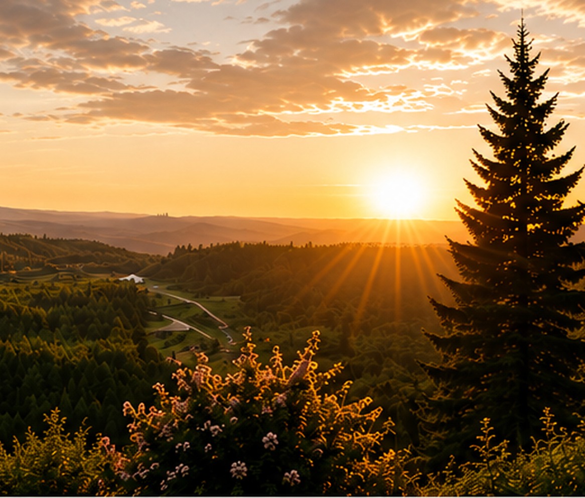 Sunset over a forested Pacific Northwest valley